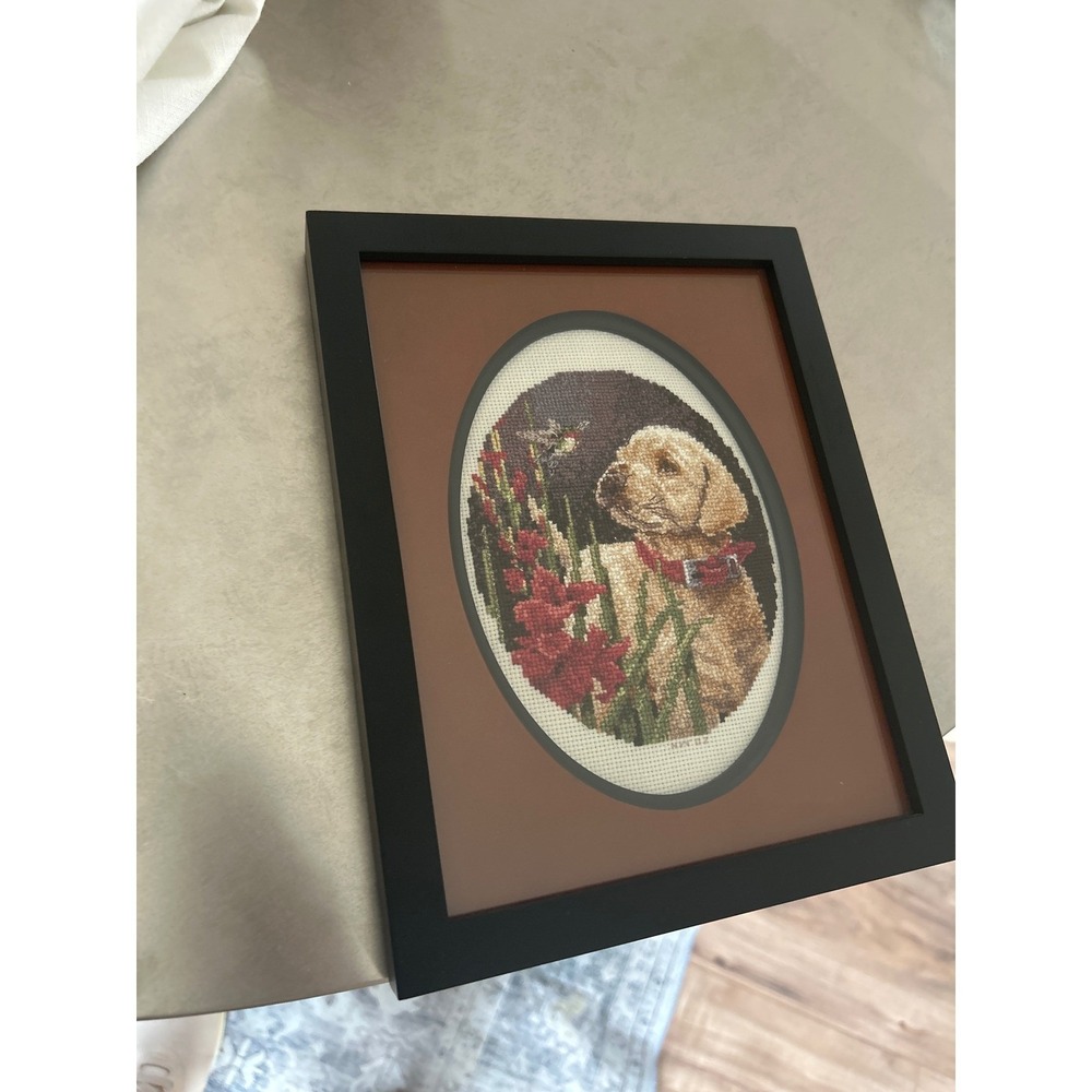 Framed Yellow Labrador Puppy Cross Stitch Art Hummingbird Flowers 7x9 Black Fram - Picture 3 of 4